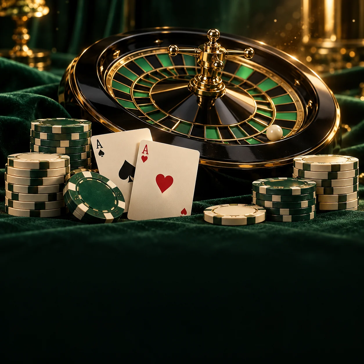 Emerald roulette wheel, playing cards and casino chips