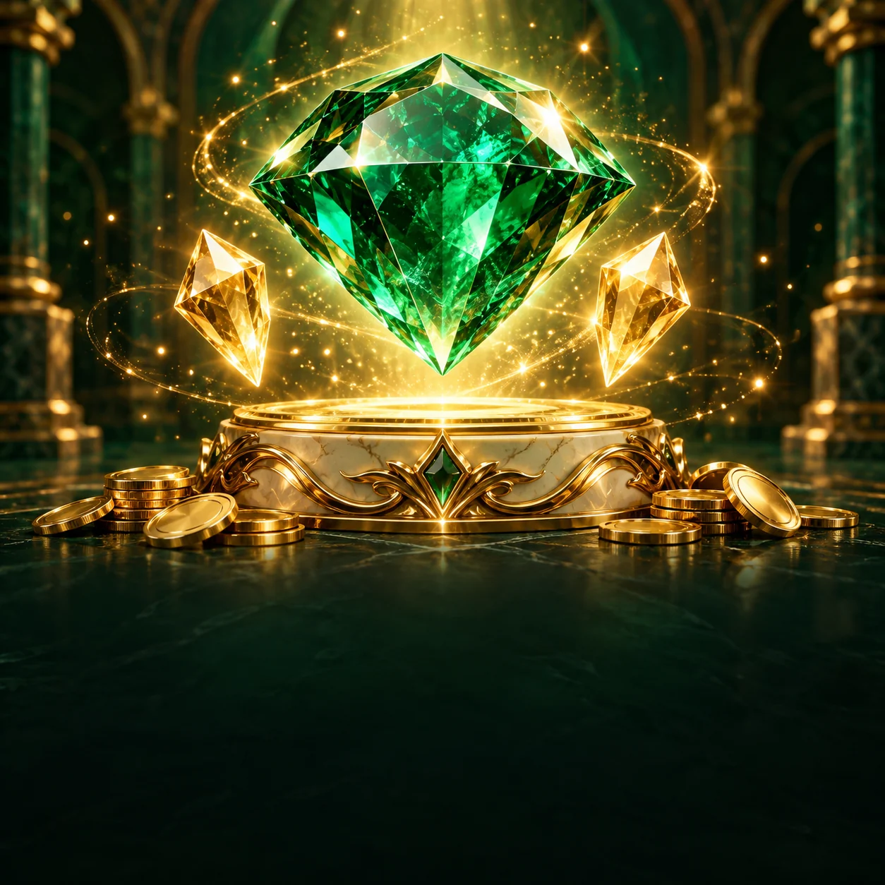 A faceted jade gemstone on a gold pedestal